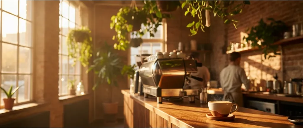 Sfeervolle binnenkant van Koffiebar TREF. met latte art