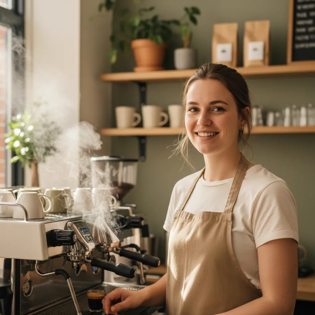 Sanne, barista kampioene achter de espressomachine van TREF.